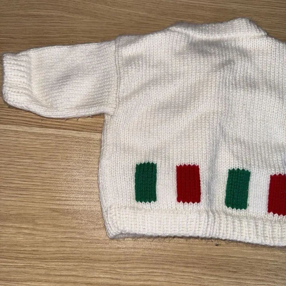 Vintage Hand Knit Baby Cardigan Sweater White Red Green Italian Christmas Small